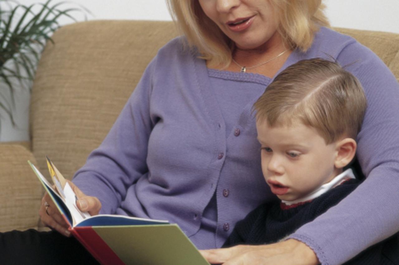 \'Woman reading to small boy\'