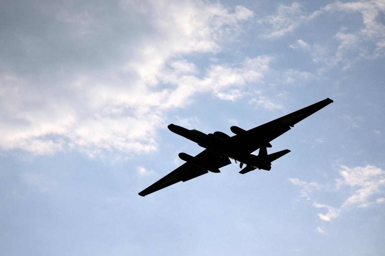 A U-2 aircraft flies after take off from RAF Akrotiri, a British sovereign base that was hit by a drone early on Monday, causing limited damage, in Cyprus