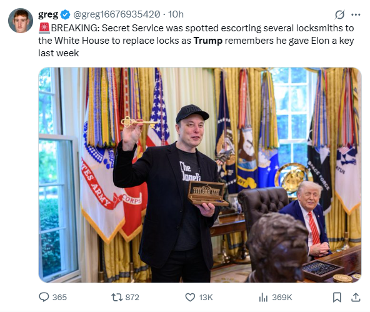 Poruku je završio riječima: "Ugodan dan, DJT!" Nije naveo nikakav dokaz za tu tvrdnju, ali je ubrzo dodao: "Zapamtite ovaj post. Istina će izaći na vidjelo."