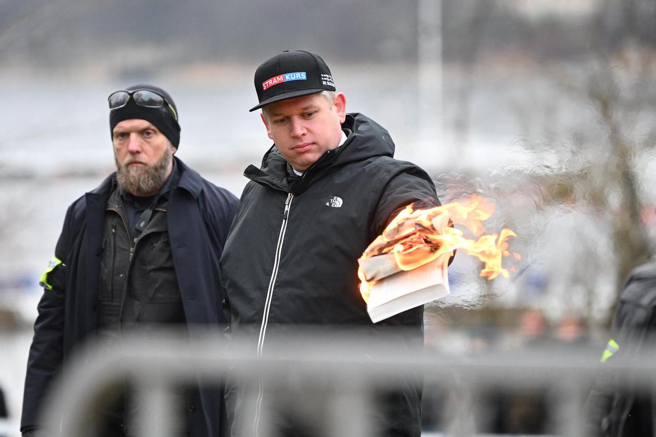 Leader of Danish political party Stram Kurs Rasmus Paludan outside the Turkish embassy, in Stockholm