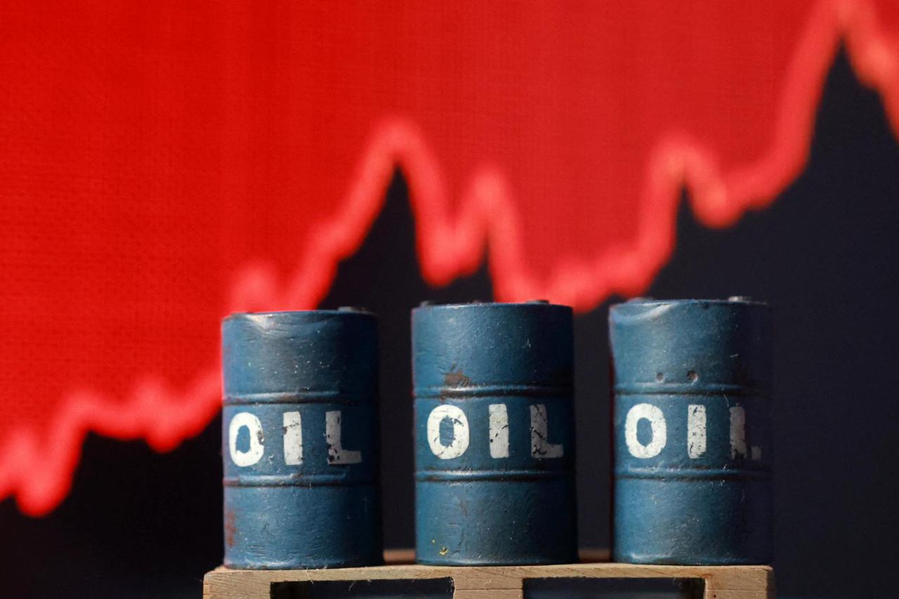 Illustration shows 3D printed oil barrels and rising stock graph