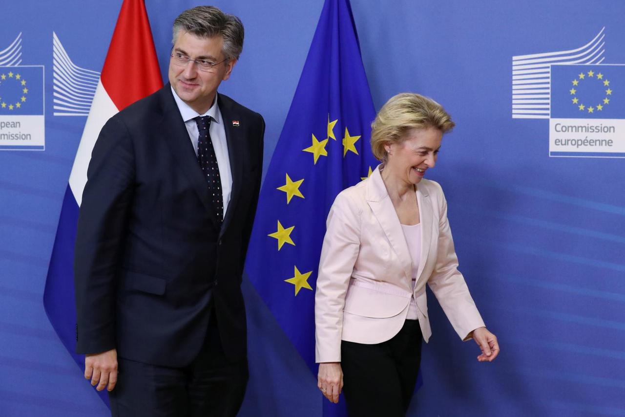 Croatia's Prime Minister Andrej Plenkovic is welcomed by European Commission President Ursula von der Leyen at the EU Commission headquarters in Brussels