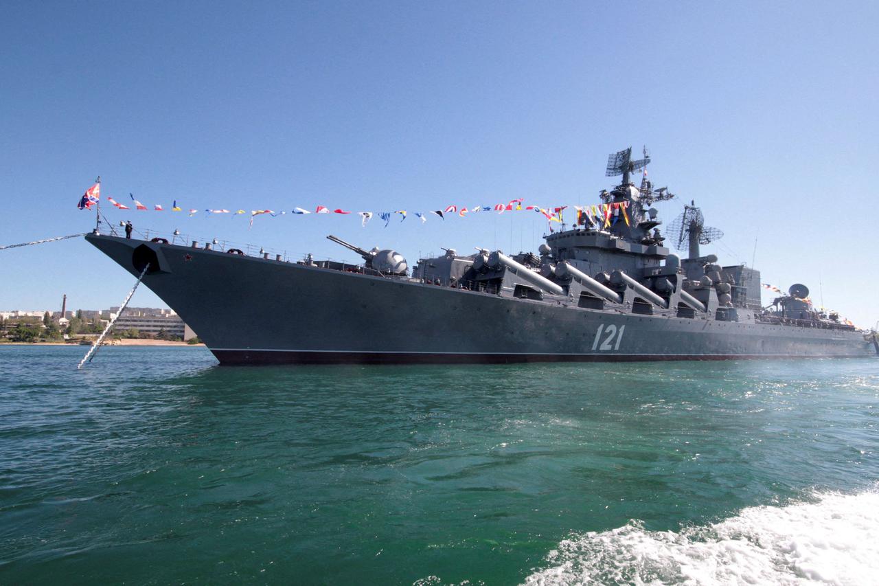 FILE PHOTO: Russian missile cruiser Moskva is moored in the Ukrainian Black Sea port of Sevastopol