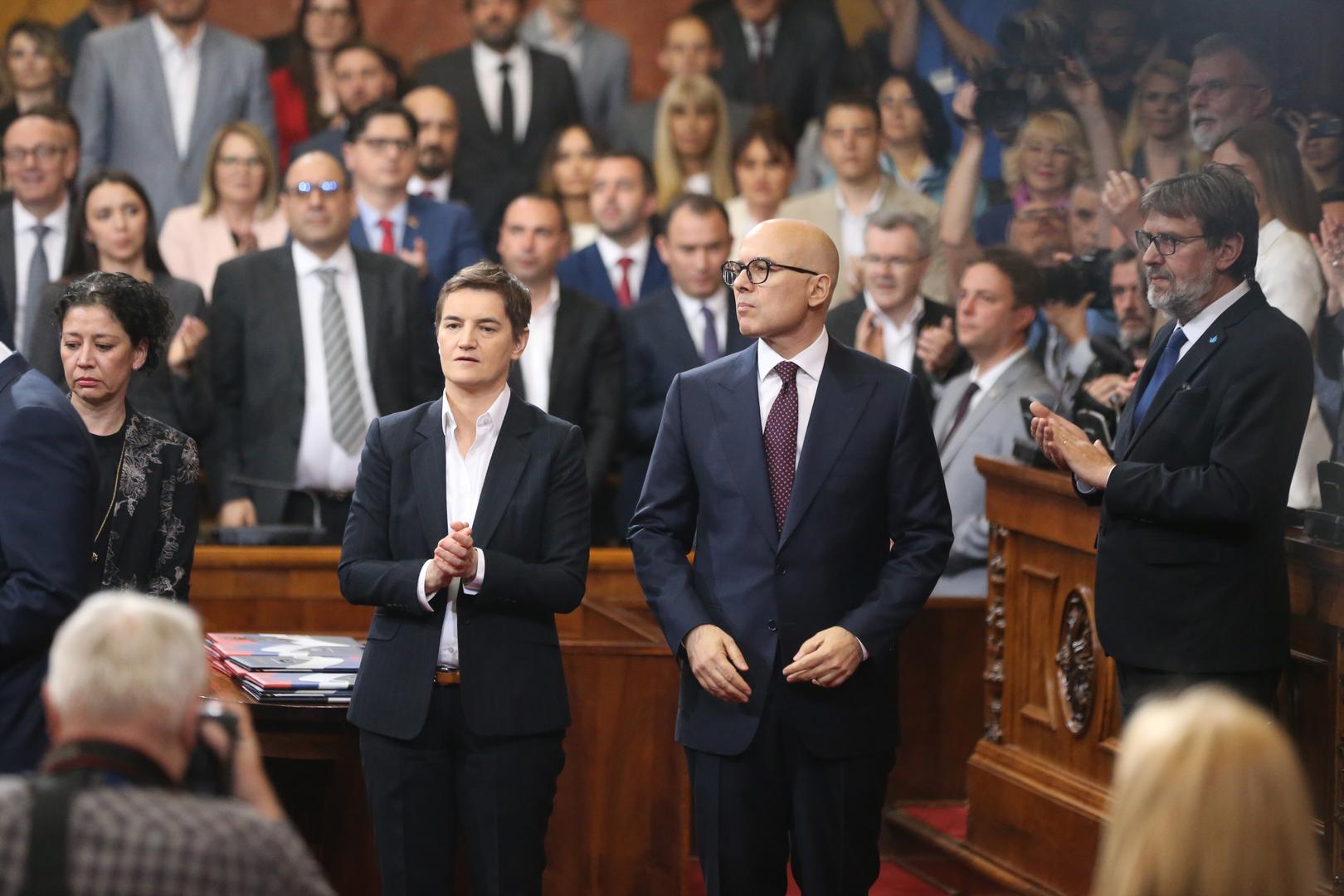 02, May, 2024, Belgrade - The Prime Minister of the Republic of Serbia, Milos Vucevic, and the ministers took the oath in the Assembly of the Republic of Serbia, and with that, their mandate officially began. Ana Brnabic, Milos Vucevic. Photo: F.S./ATAImages02, maj, 2024, Beograd - Predsednik Vlade Republike Srbije Milos Vucevic i ministri polozili su zakletvu u Skupstini Republike Srbije, a time je poceo i zvanicno da im tece mandat. Photo: F.S./ATAImages Photo: F.S./ATAImages/PIXSELL