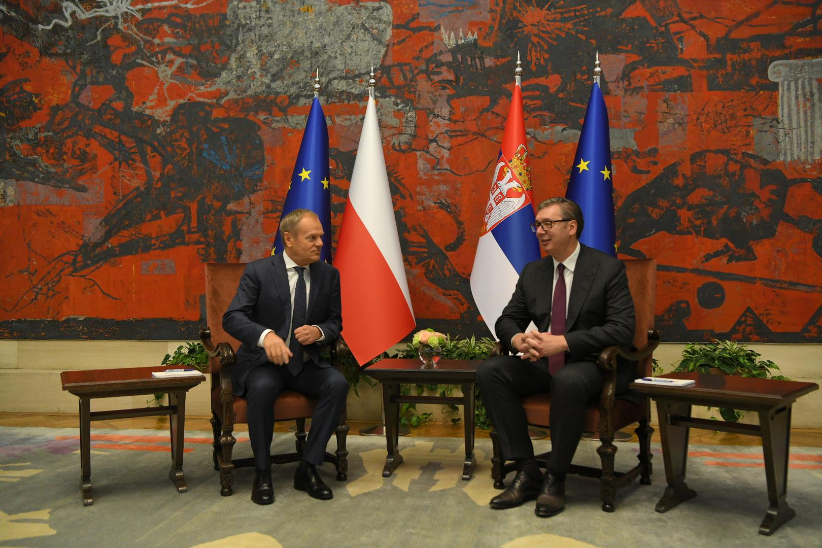 24, October, 2024, Belgrade - The President of the Republic of Serbia, Aleksandar Vucic, will host the Prime Minister of the Republic of Poland, Donald Tusk, who is on an official visit to the Republic of Serbia from October 23 to 24 - Tête-à-tête meeting between Aleksandar Vucic and Donald Tusk. Donald Tusk, Aleksandar Vucic. Photo: R.Z./ATAImages 24, oktobar, 2024, Beograd - Predsednik Republike Srbije Aleksandar Vucic ugostice predsednika Vlade Republike Poljske Donalda Tuska koji boravi u zvanicnoj poseti Republici Srbiji od 23. do 24. oktobra. Photo: R.Z./ATAImages Photo: R.Z./ATAImages/PIXSELL