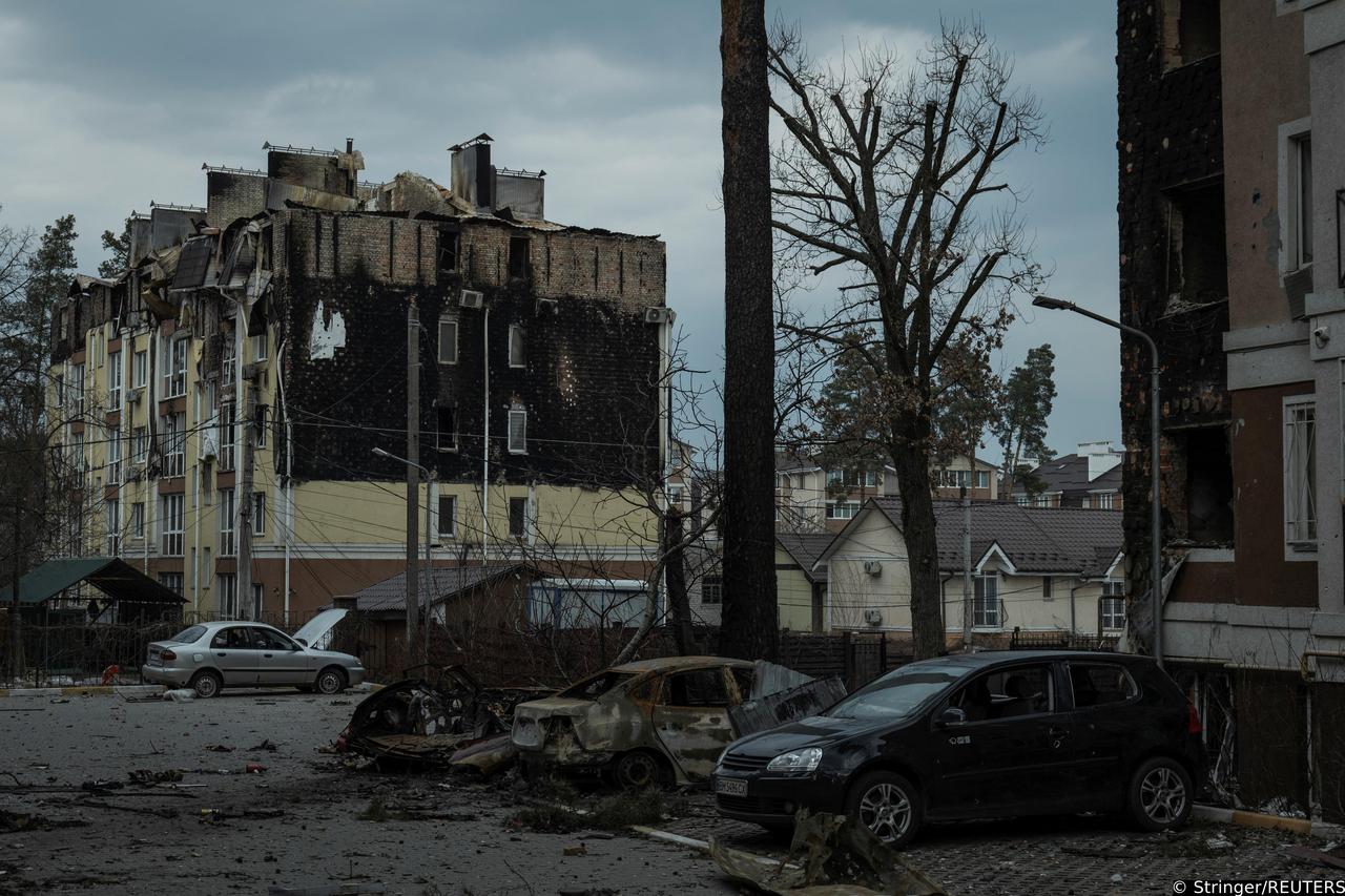 A view shows a residential area damaged by heavy shelling in Irpin