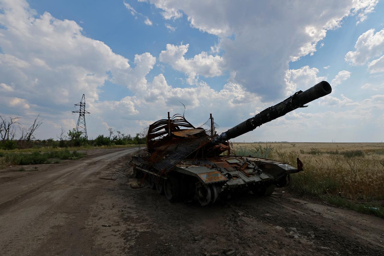 A view shows a destroyed tank in Donetsk region