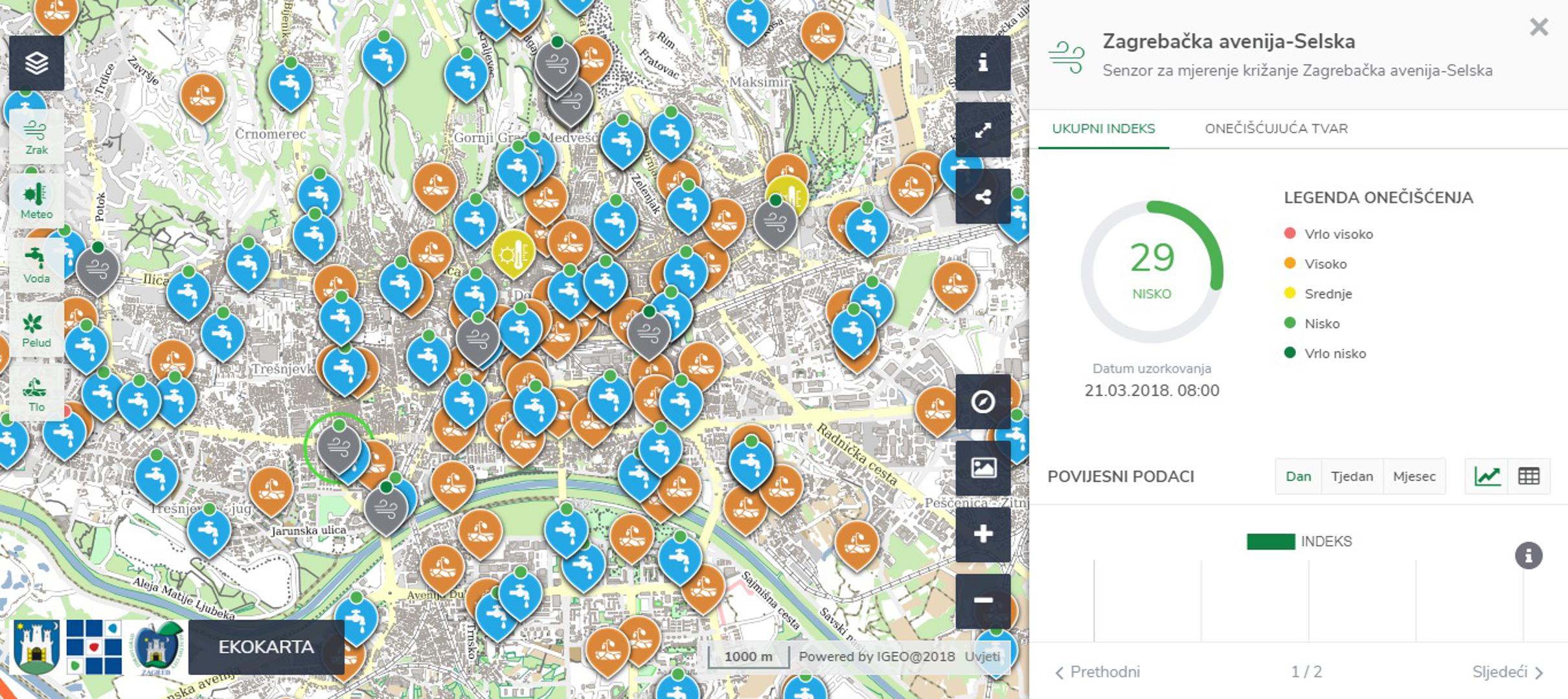 Eko Zagreb - Pomoću ove aplikacije Zagrepčani mogu provjeriti kakvoću zraka, vode i tla. Podaci su istaknuti na karti koja, klikom na određeno mjesto, nudi uvid u čimbenike okoliša i njihov utjecaj na zdravlje.