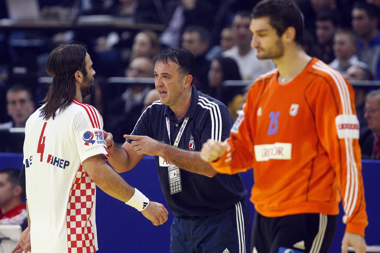25.01.2012., Beograd, Srbija - Polufinalna utakmica Europskog prvenstva u rukometu izmedju Srbije i Hrvatske. Ivano Balic, Slavko Goluza, Venio Losert. Photo: HaloPix/PIXSELL