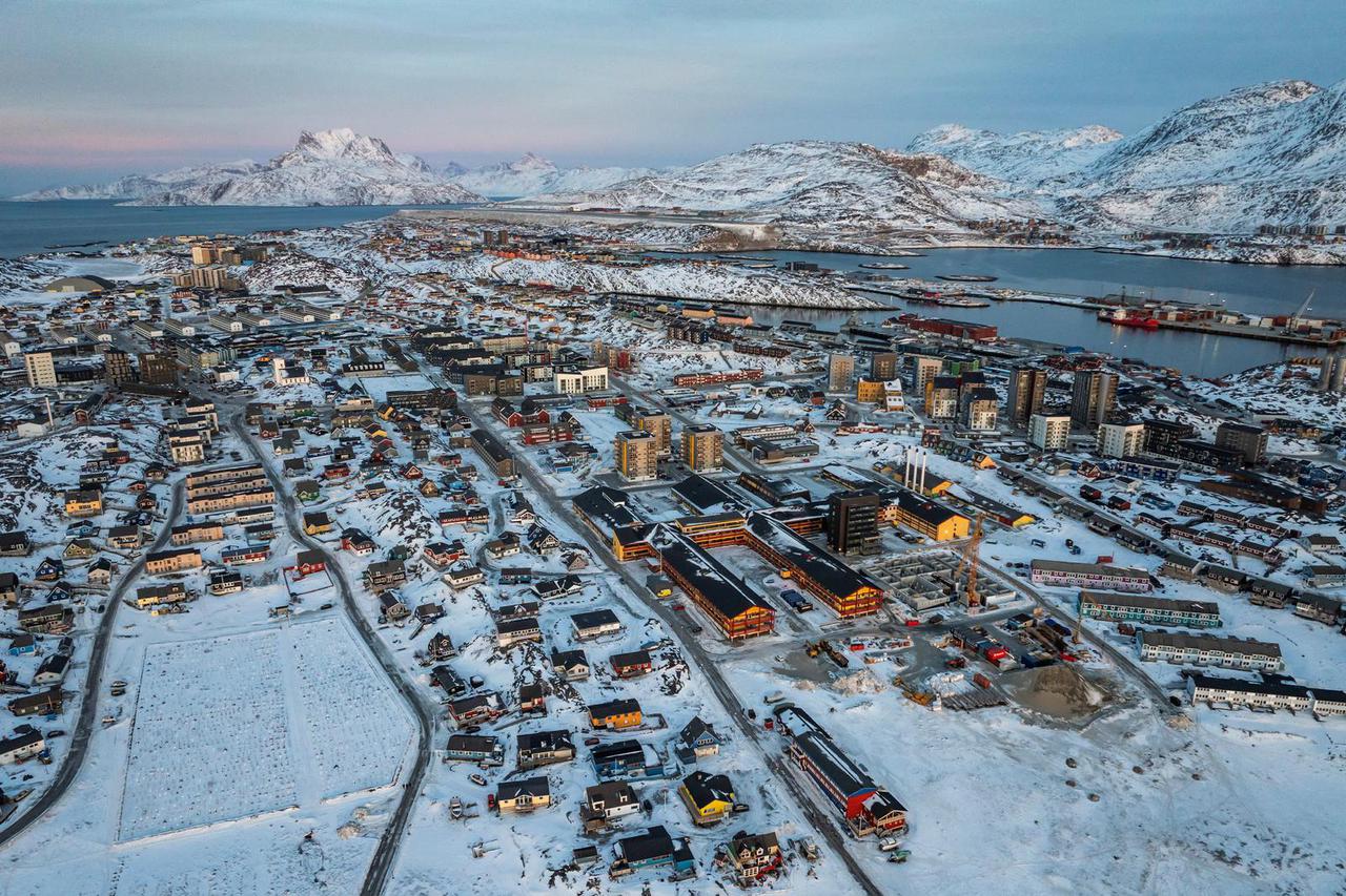 A drone view shows a general view of Nuuk