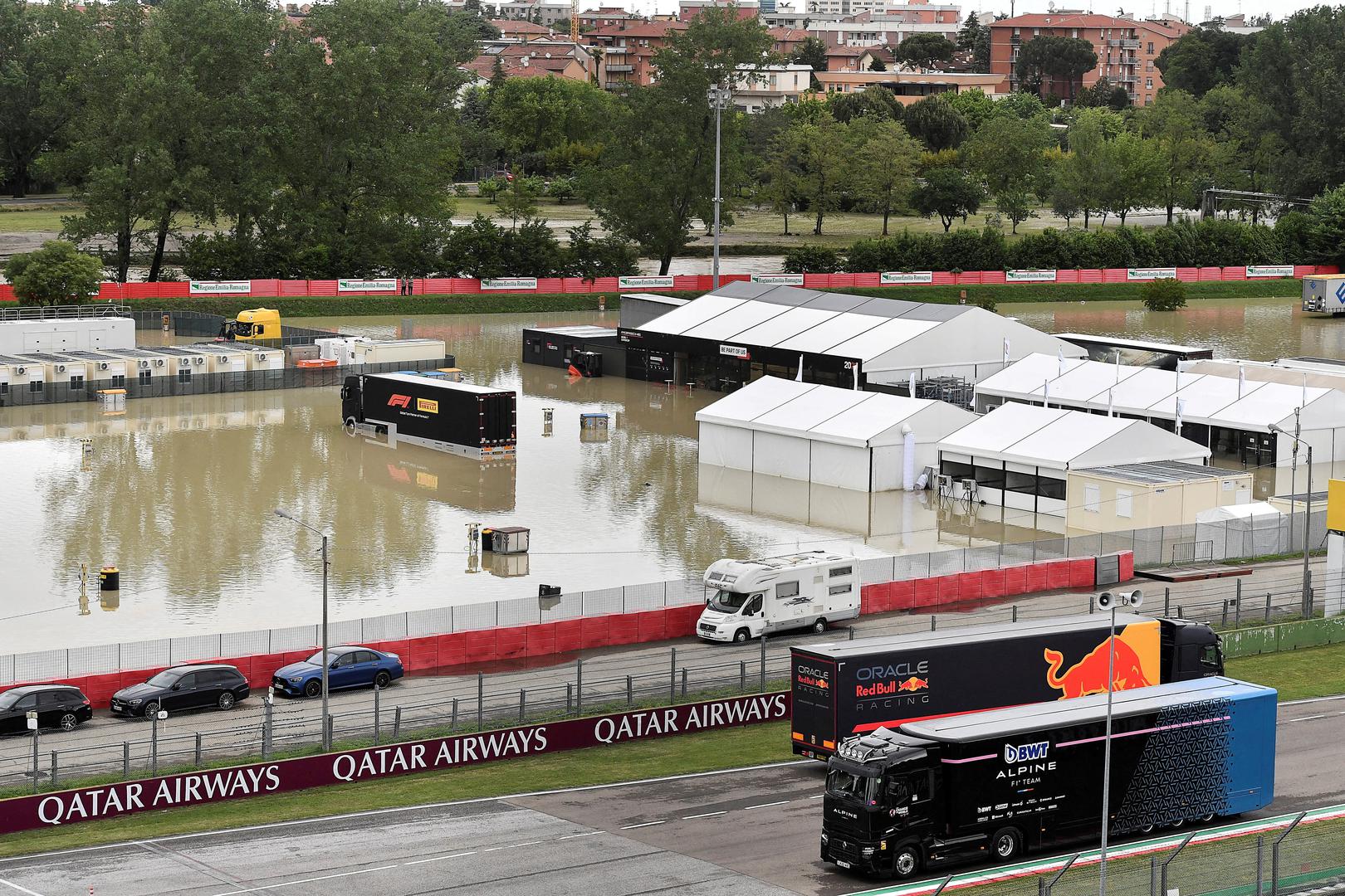 A general view of the flooded Motor racing-Imola paddock, as Santerno river levels rise due to heavy rain, ahead of the weekend's cancelled Emilia Romagna Grand Prix, in Imola, Italy, May 17, 2023. REUTERS/Jennifer Lorenzini     TPX IMAGES OF THE DAY Photo: JENNIFER LORENZINI/REUTERS