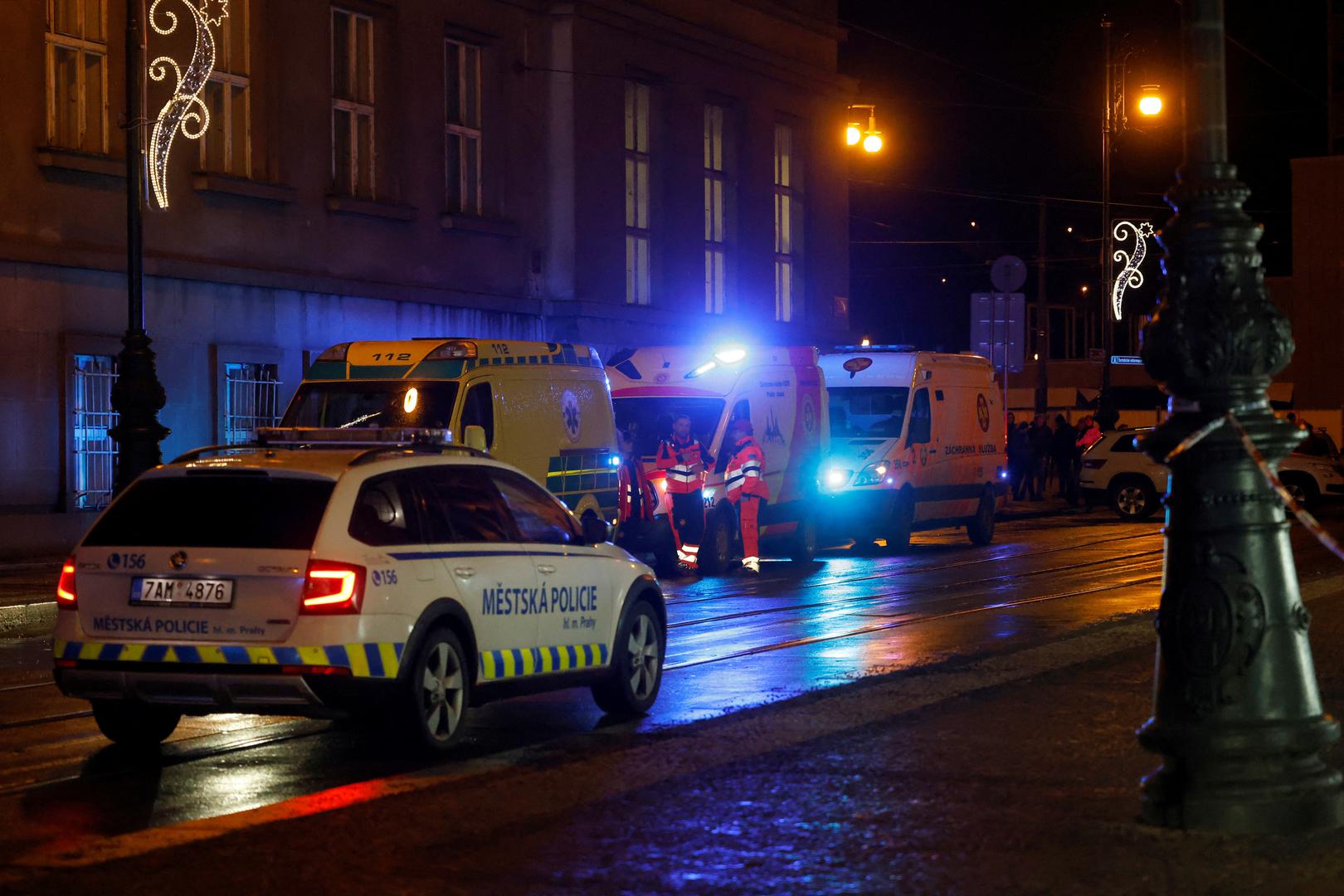 A police vehicle drives past ambulances parked near the area of the shooting at one of the buildings of Charles University in Prague, Czech Republic, December 21, 2023. REUTERS/David W Cerny Photo: DAVID W CERNY/REUTERS