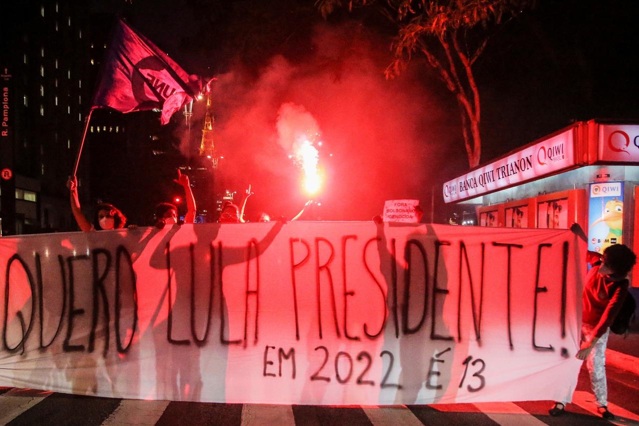 Members of the National Student Union (UNE) take part in demonstration in support of Brazil's former President Luiz Inacio Lula da Silva in Sao Paulo
