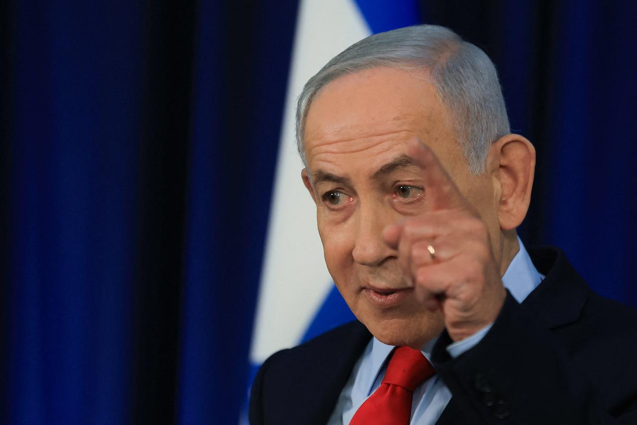 Israeli Prime Minister Benjamin Netanyahu holds a press conference, amid the U.S.-Israel conflict with Iran, in Jerusalem