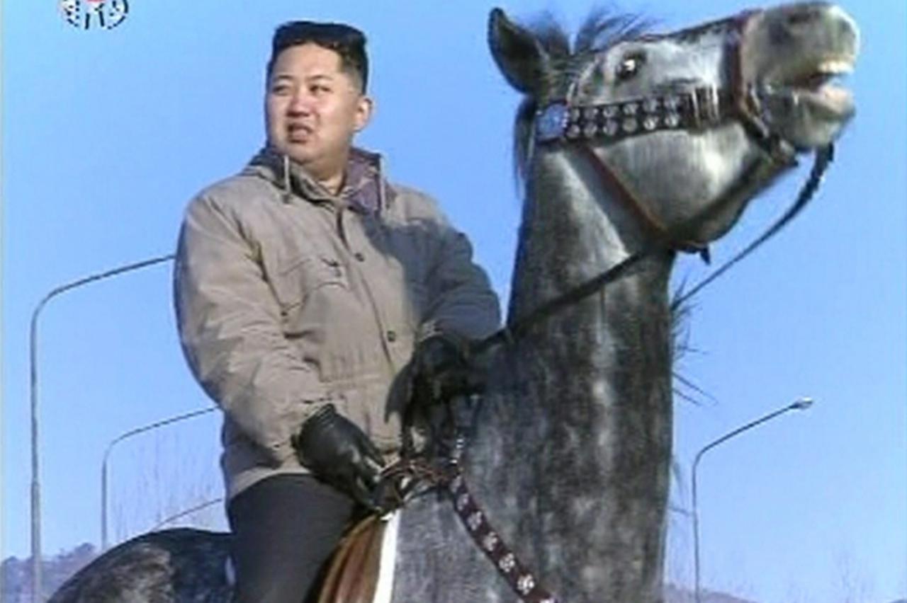 'New leader of North Korea, Kim Jong-un, rides a horse in this undated still image taken from video at an unknown location released by North Korean state TV KRT on January 8, 2012. North Korea\'s stat