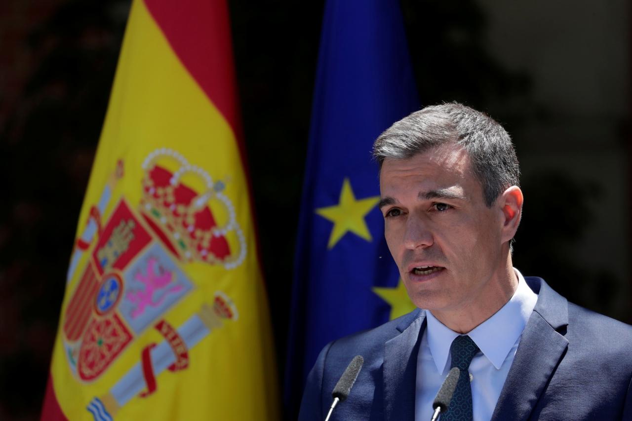 Spain's Prime Minister Pedro Sanchez attends a news conference at the Moncloa Palace in Madrid