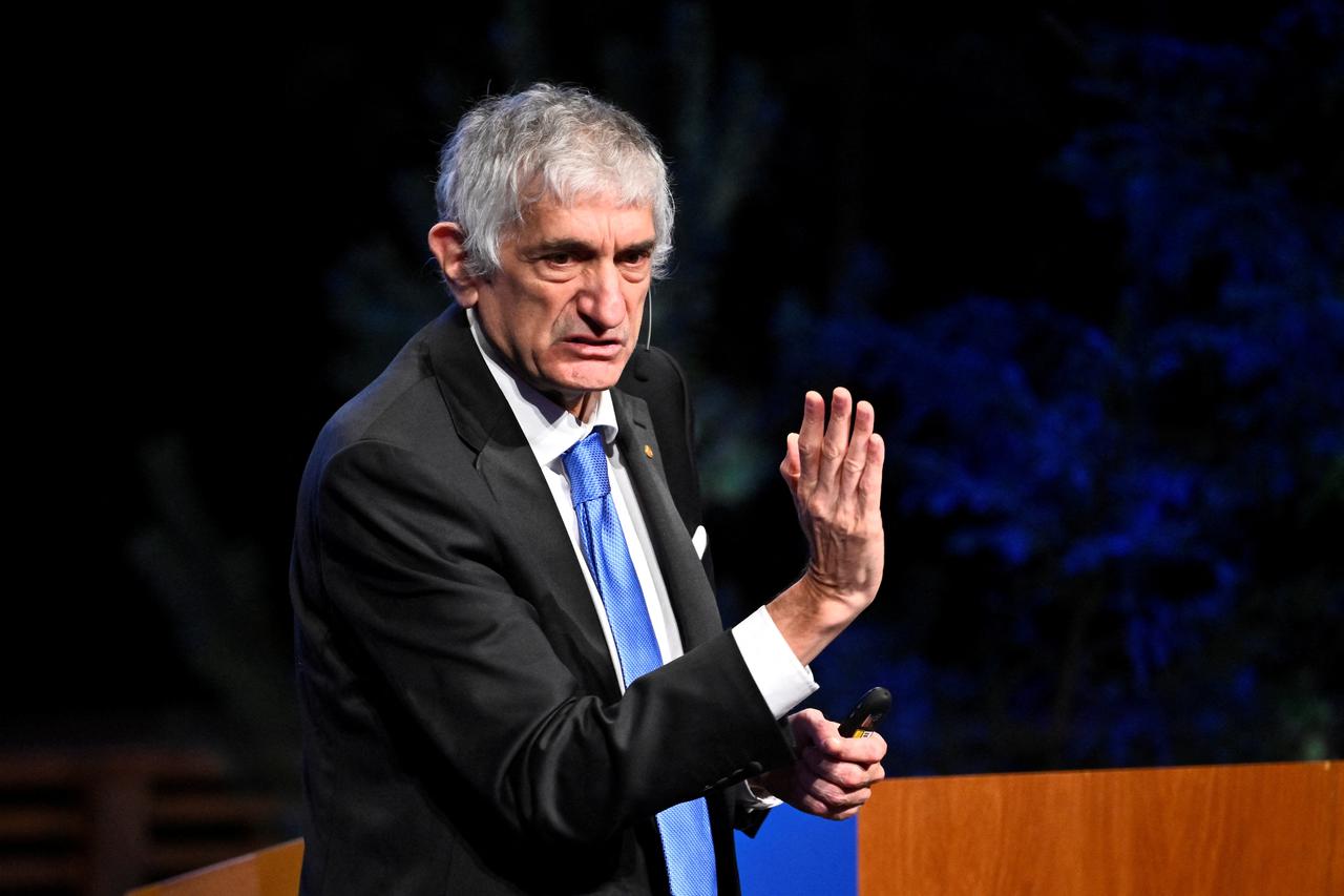 Nobel Prize winner in Physics, John M. Martinis, speaks during the Nobel Prize lecture in Physics in Aula Magna at Stockholm University in Stockholm
