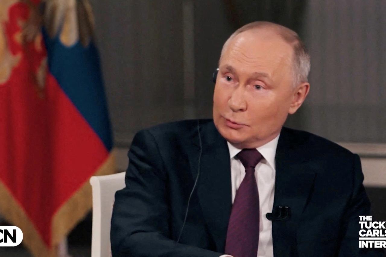 Russian President Vladimir Putin speaks during an interview with U.S. television host Tucker Carlson, in Moscow