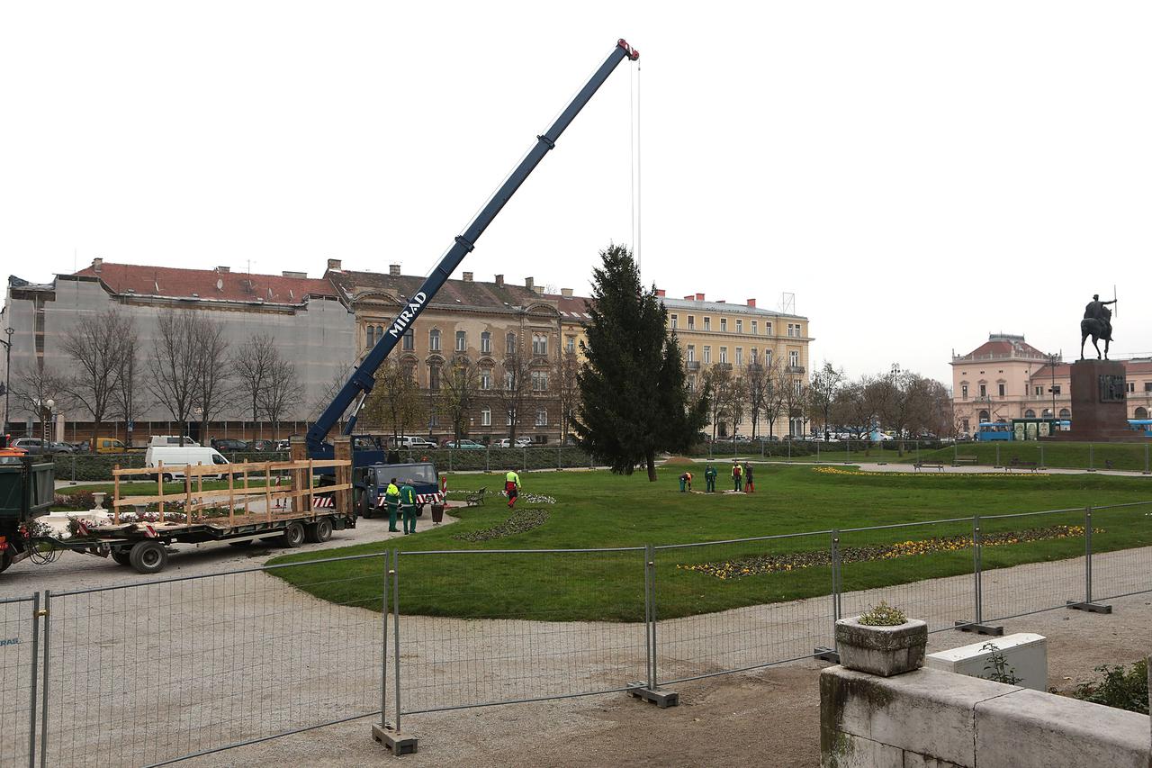 24.11.2014., Zagreb - U tijeku su radovi na uredjenju Tomislavovog trga za ovogodisnje blagdane. Gradi se klizaliste, a danas je postavljen i bor. Photo: Patrik Macek/PIXSELL