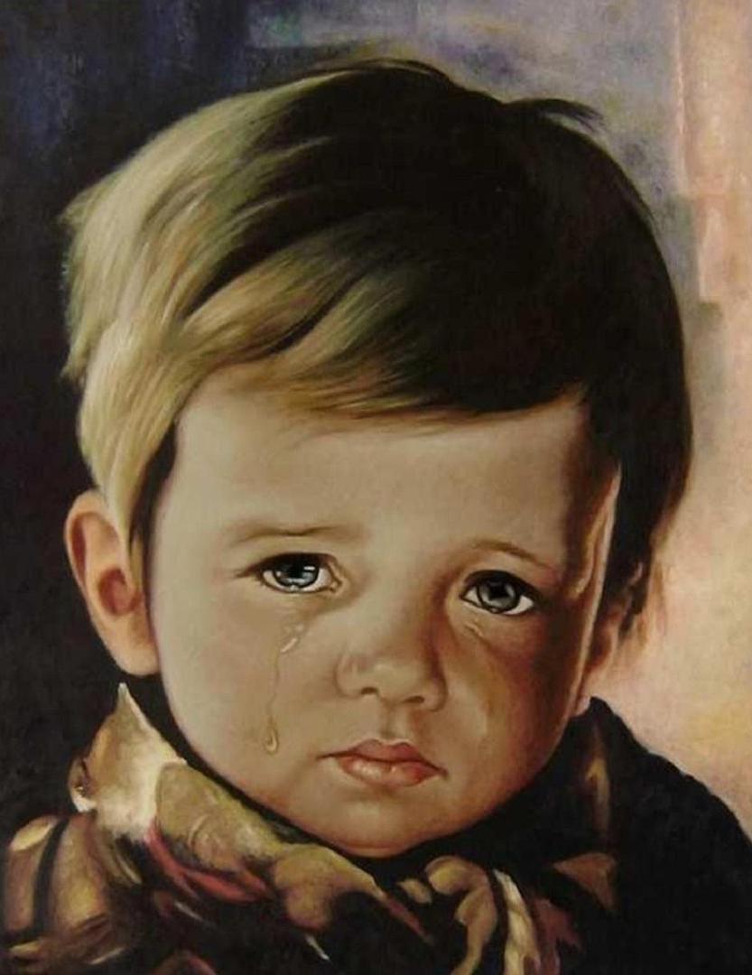 Mali dječak plače zato što je zao. Priča govori kako je ova slika visjela na zidu doma koji je izgorio u požaru 1985. Iako je izgorio do temelja, jedina stvar koja se spasila od vatre upravo je ova slika. 
