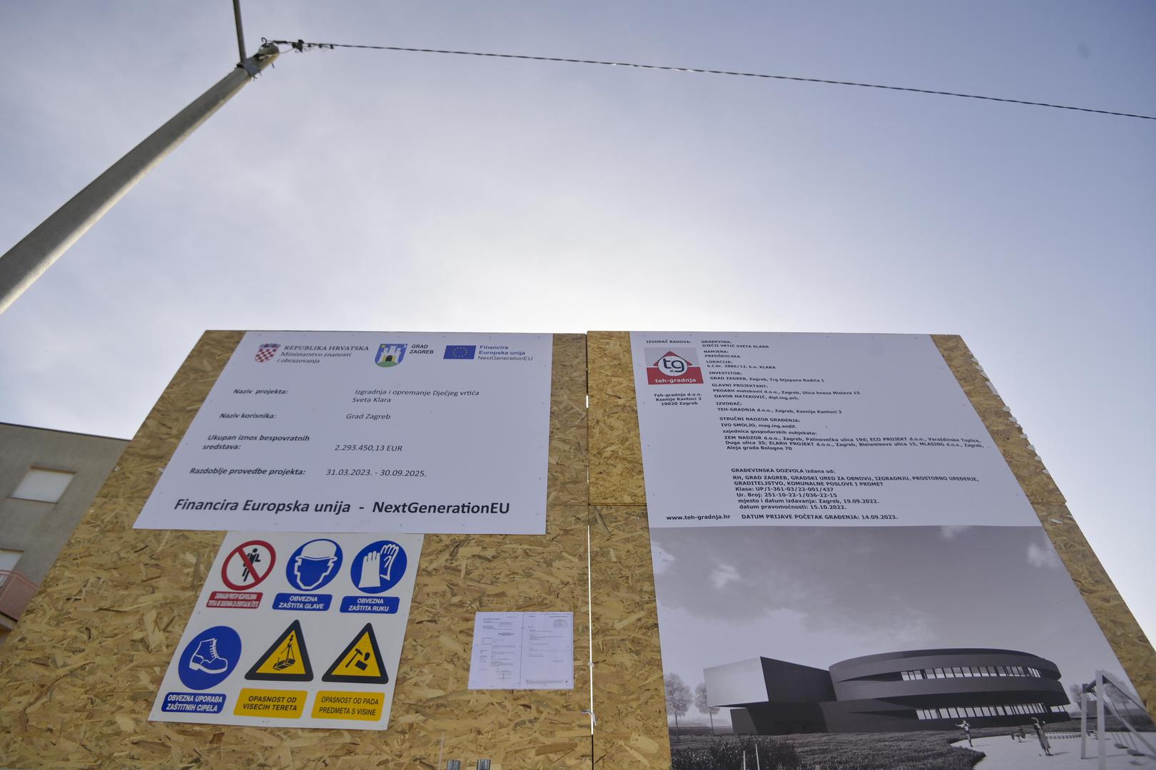 09.10 .2023.,  Zagreb - Ovaj tjedan su u gradskom naselju Sveta Klara poceli radovi na izgradnji istoimenog djecjeg vrtica koji ce  biti izgradjen u mandatu ove gradske uprave. Radi se o jednom od najvecih gradskih vrtica u naselju s 11.000 stanovnika. Djecji vrtic u Svetoj Klari jedan je od takozvanih Projekata 20. U program kapitalnih ulaganja stavljen je 2015. godine, na projektnoj dokumentaciji pocelo se raditi 2018. godine, no konkretnu realizaciju je zapocela tek ova gradska uprava. Photo: Igor Soban/PIXSELL