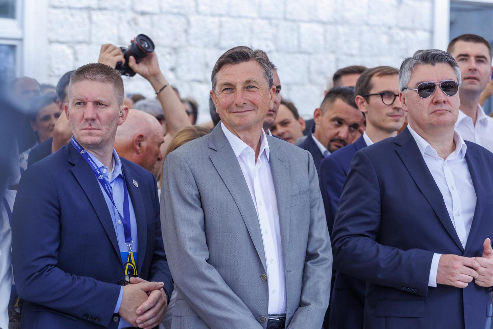 07.08.2022., Sinj - Predsjednik RH Zoran Milanovic, premijer Andrej Plenkovic s ministrima, predsjednik Republike Slovenije Borut Pahor sudjelovali su na Vojvodinom prijemu u Alkarskim dvorima.Borut Pahor, Zoran MilanovicPhoto:   Photo: Miroslav Lelas/PIXSELL