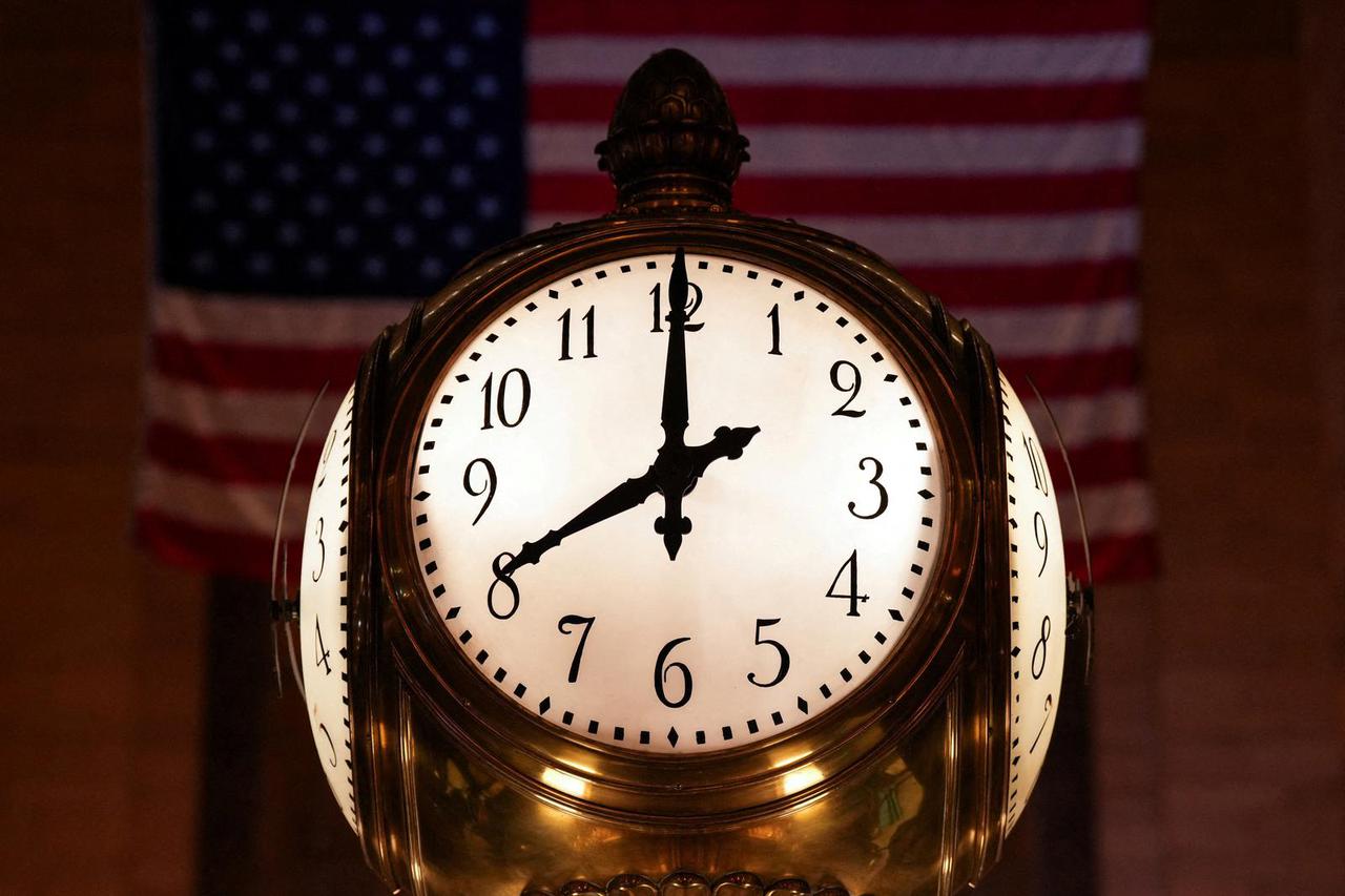 The clock inside the Grand Central Terminal shows 8 PM (ET), the postponed deadline set by U.S. President Donald Trump for Iran to reopen the Strait of Hormuz, in New York City