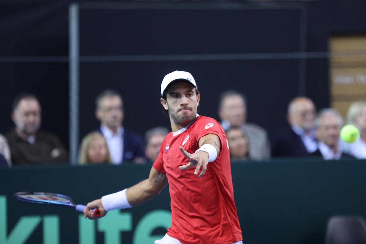 Rijeka: Borna Ćorić i Dennis Novak u prvom meču između Hrvatske i Austrije u kvalifikacijama Davis Cupa
