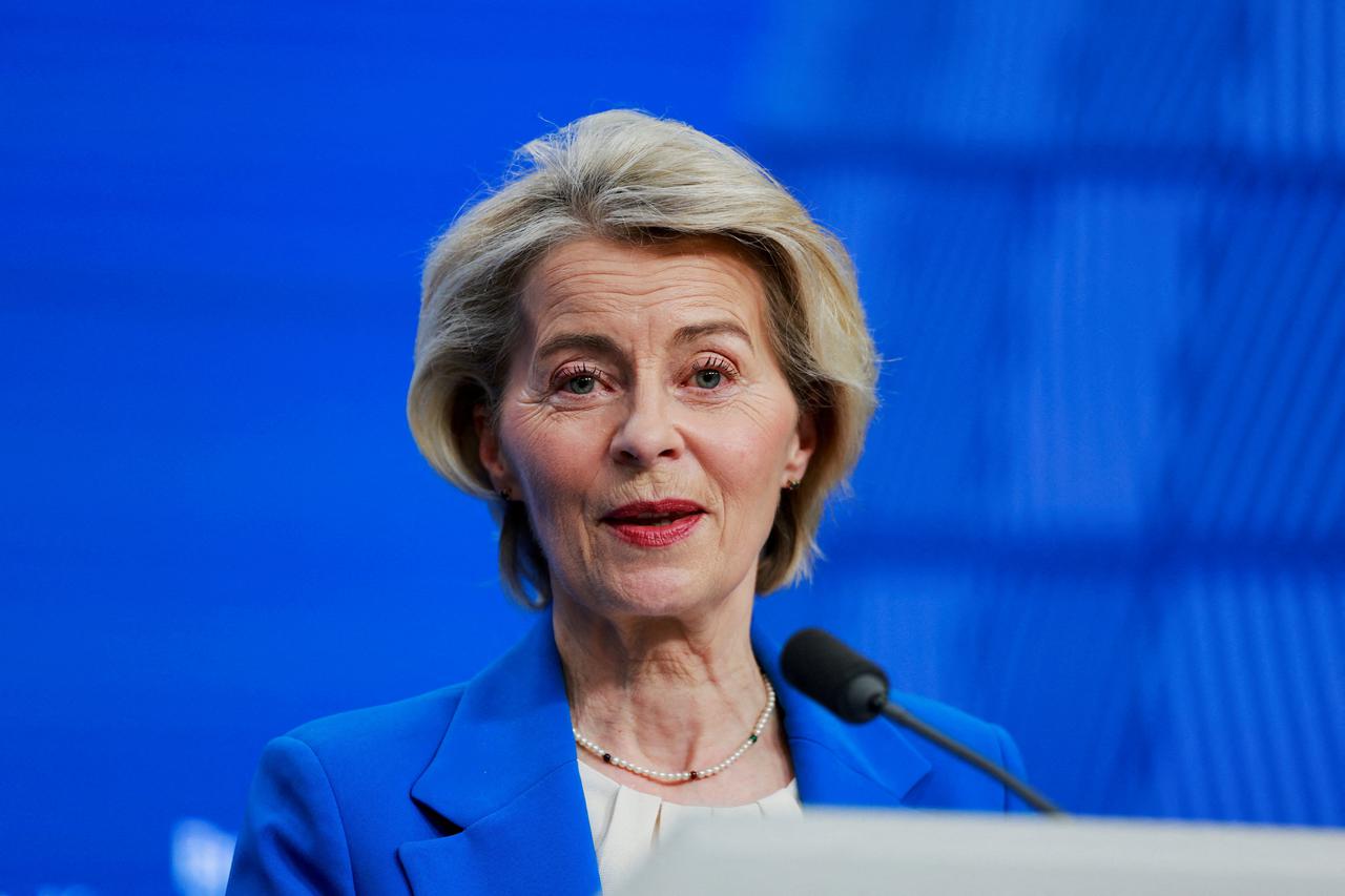 FILE PHOTO: European Commission President Ursula von der Leyen holds a press conference during a European Union leaders' summit, in Brussels