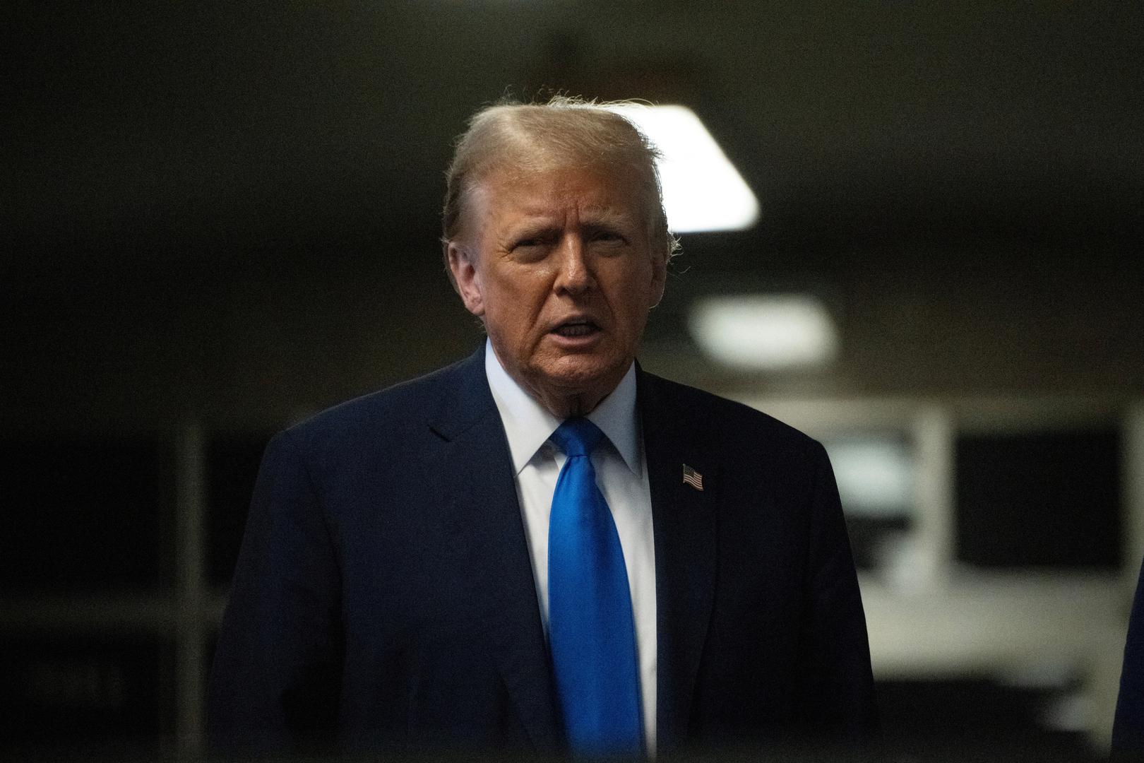 Former president Donald Trump speaks to the media after the first day of opening statements in his trial at Manhattan Criminal Court for falsifying documents related to hush money payments, in New York, NY, on Monday, April 22, 2024. Victor J. Blue/Pool via REUTERS Photo: Victor J. Blue/REUTERS