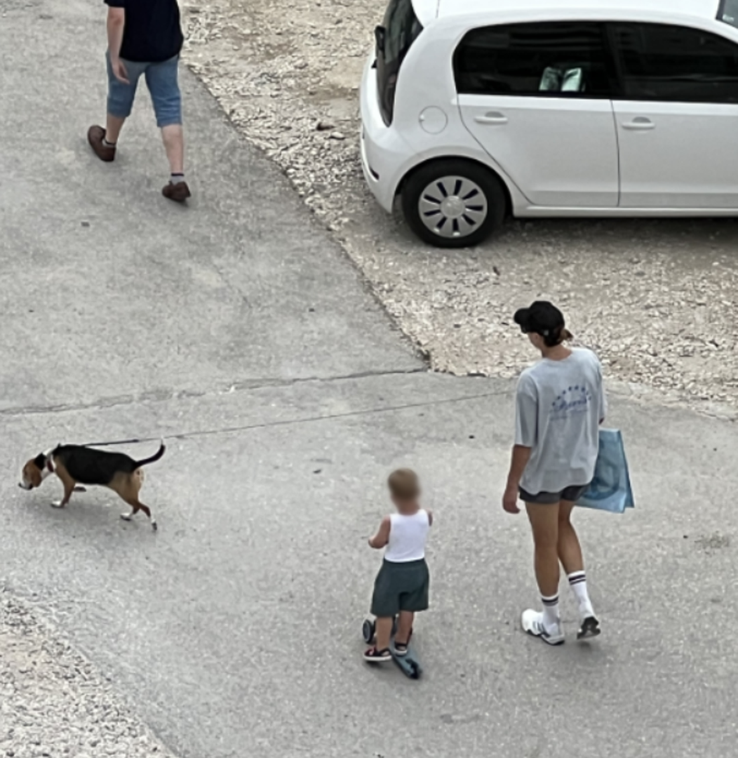 Mondo, koji će uskoro navršiti tri godine, ponosno je upravljao svojim romobilom, dok ga je mama strpljivo usmjeravala i pratila brižnim pogledom. Roza, uvijek spremna na avanturu, veselo je trčkarala pored njih. 