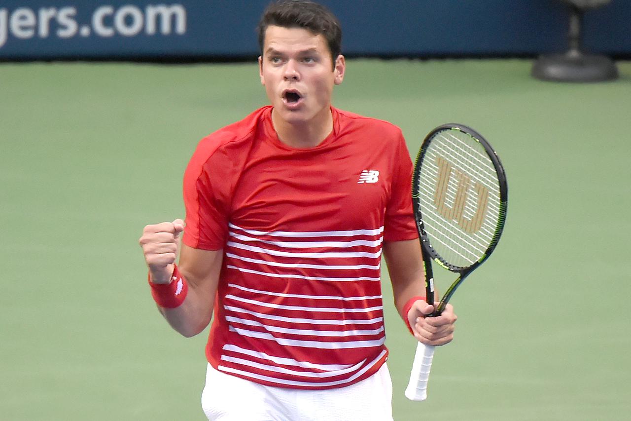 Jul 28, 2016; Toronto, Ontario, Canada; Milos Raonic of Canada reacts to winning his match against Jared Donaldson of USA on day four of the Rogers Cup tennis tournament at Aviva Centre. Raonic won 6-2, 6-3. Mandatory Credit: Dan Hamilton-USA TODAY Sports