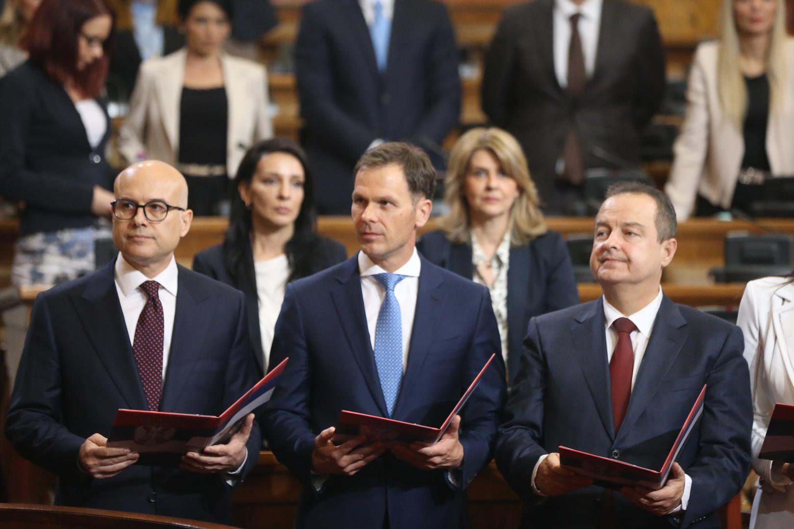 02, May, 2024, Belgrade - The Prime Minister of the Republic of Serbia, Milos Vucevic, and the ministers took the oath in the Assembly of the Republic of Serbia, and with that, their mandate officially began. Milos Vucevic, Sinisa Mali, Ivica Dacic. Photo: F.S./ATAImages02, maj, 2024, Beograd - Predsednik Vlade Republike Srbije Milos Vucevic i ministri polozili su zakletvu u Skupstini Republike Srbije, a time je poceo i zvanicno da im tece mandat. Photo: F.S./ATAImages Photo: F.S./ATAImages/PIXSELL