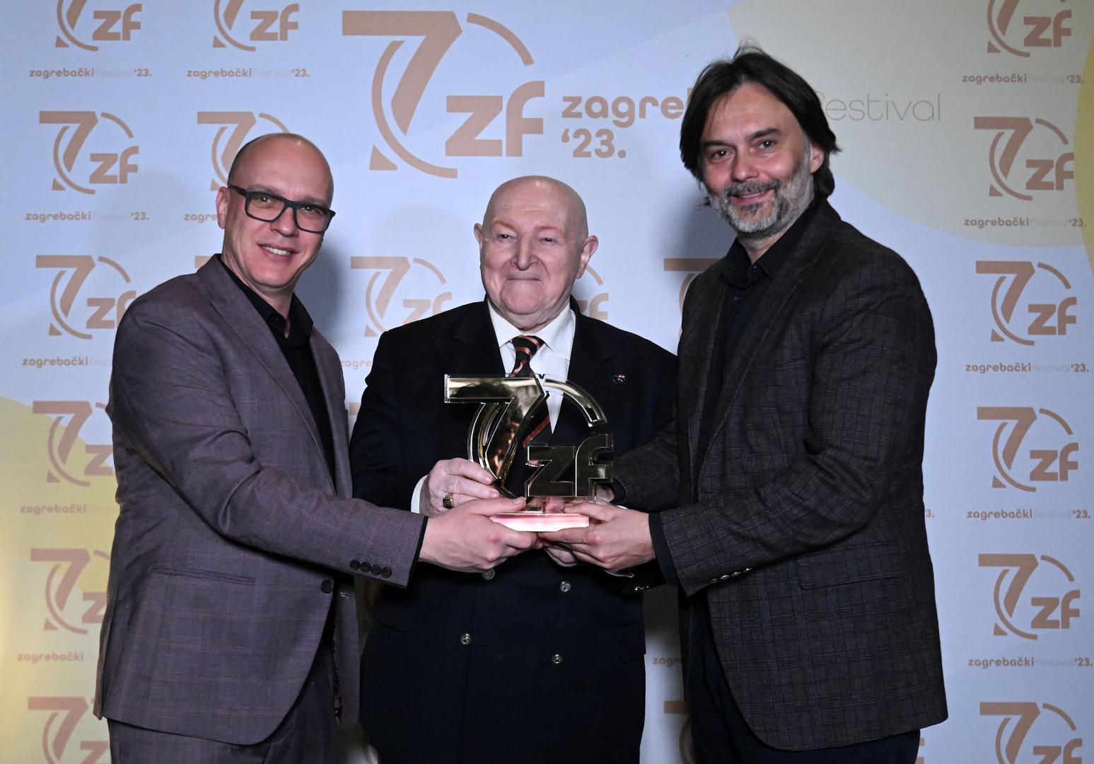 15.03.2023., Zagreb - 70 godina Zagrebackog festivala, promocija monografije i dodjela posebnog priznanja Dragi Diklicu. Branimir Mihaljevic, Drago Diklic, Drazen Klaric Photo: Marko Lukunic/PIXSELL