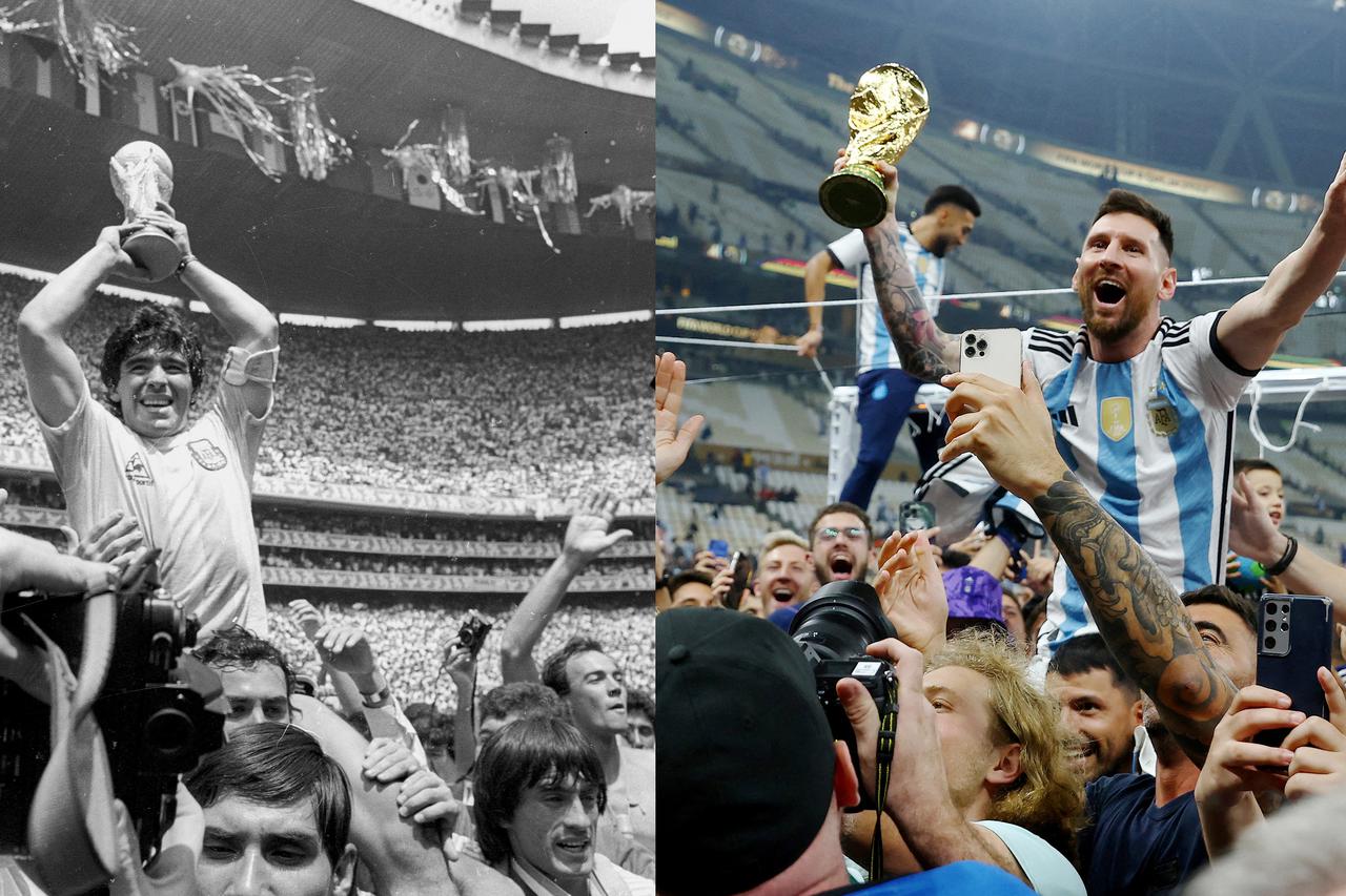 A combination picture shows Argentina's Lionel Messi and Diego Maradona celebrating with their FIFA World Cup Qatar 2022 and FIFA World Cup Mexico 1986 trophies
