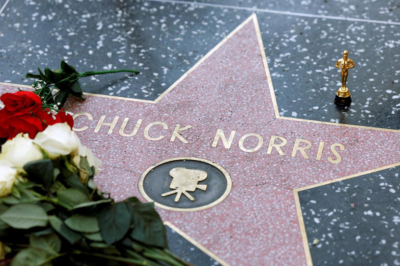 Flowers at the Hollywood Walk of Fame Star of Chuck Norris in Los Angeles following his death