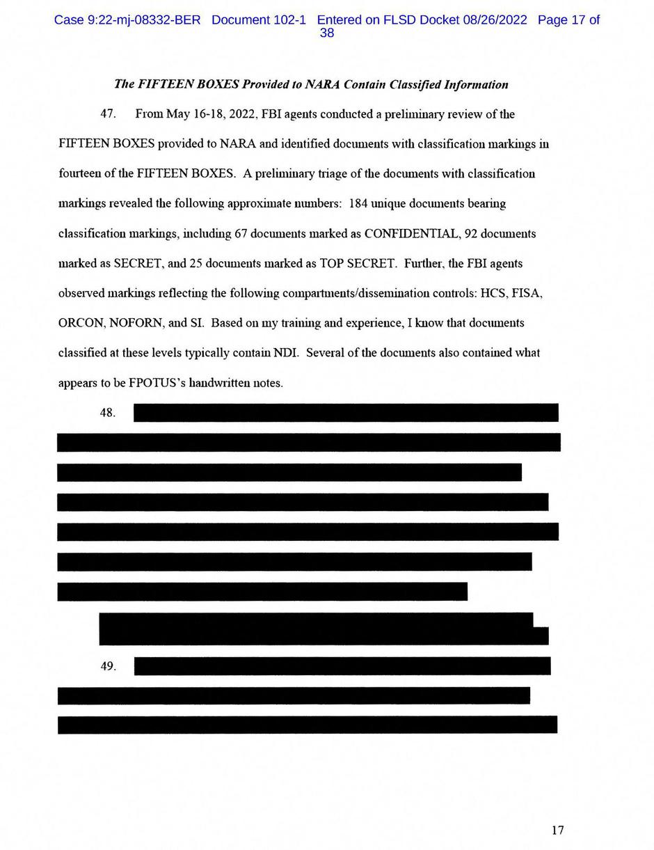 Afffidavit supporting the FBI search of former U.S. President Donald Trump's Mar-a-Lago estate is seen after being released by U.S. federal court in Florida