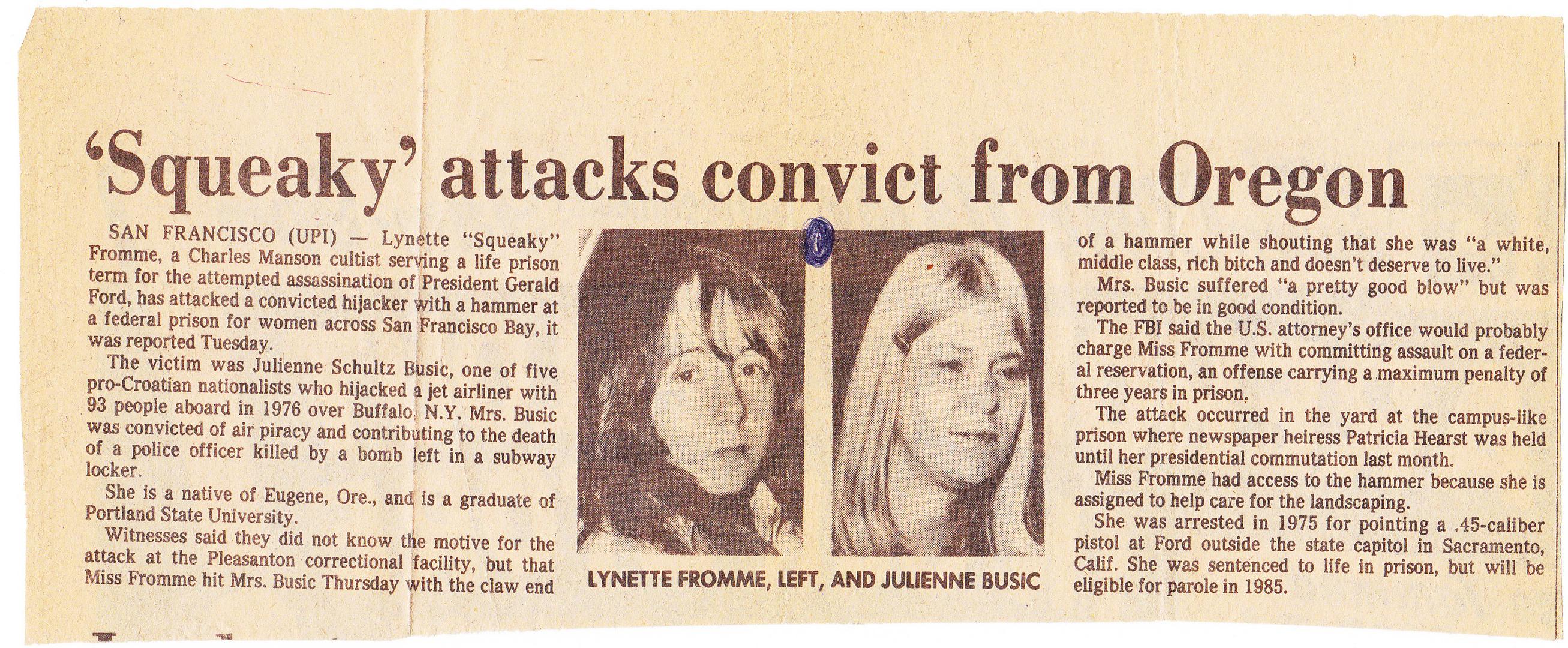 Isječak iz lista San Francisco Chronicle 14. ožujka 1979. nakon Lynettina napada na Julienne