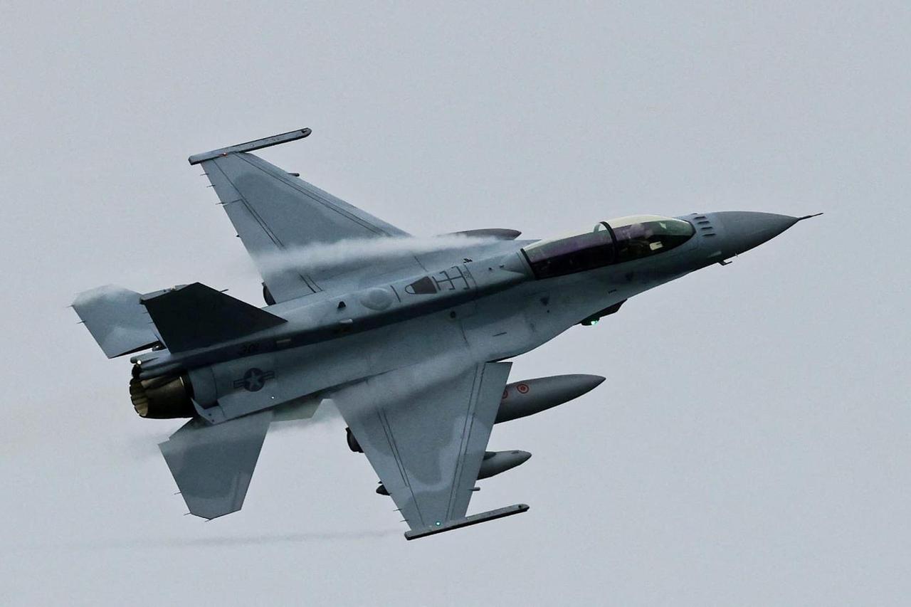 Bulgaria's first new F-16 jet is pictured during its arrival at Graf Ignatievo airbase