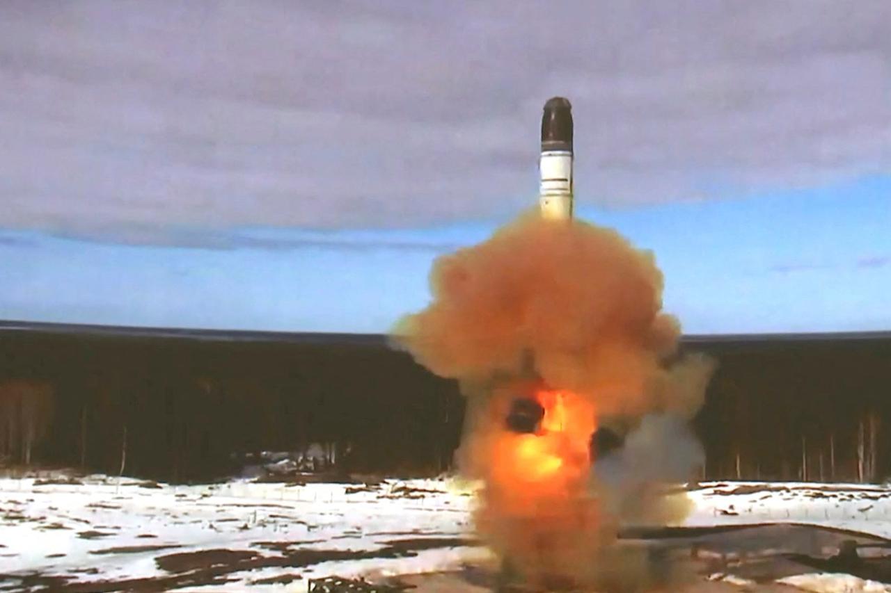 The Sarmat intercontinental ballistic missile is launched during a test at Plesetsk cosmodrome