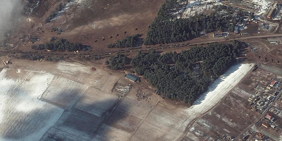 A satellite image shows resupply trucks and probable multiple rocket launch deployment in Berestyanka