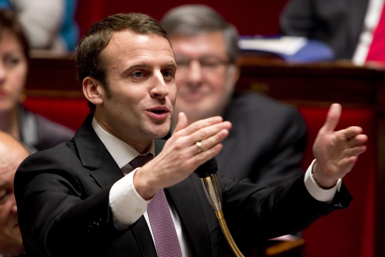 French Economy Minister Emmanuel Macron gestures as he speaks during the questions to the government session at the National Assembly in Paris February 3, 2015.  REUTERS/Charles Platiau   (FRANCE - Tags: POLITICS)