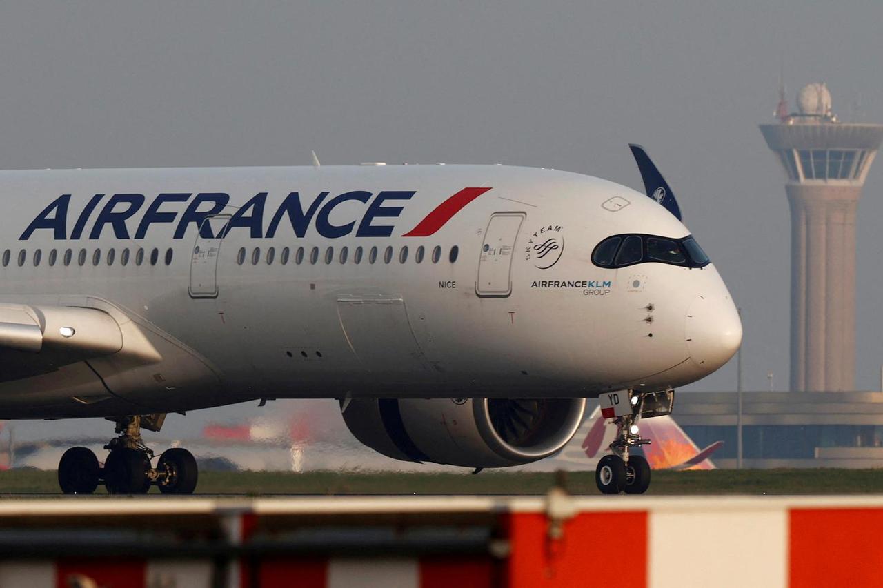 FILE PHOTO: An Air France airplane lands at the Charles-de-Gaulle airport in Roissy