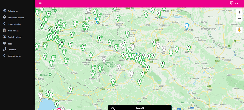Karta javno dostupnih punionica Hrvatskog Telekoma