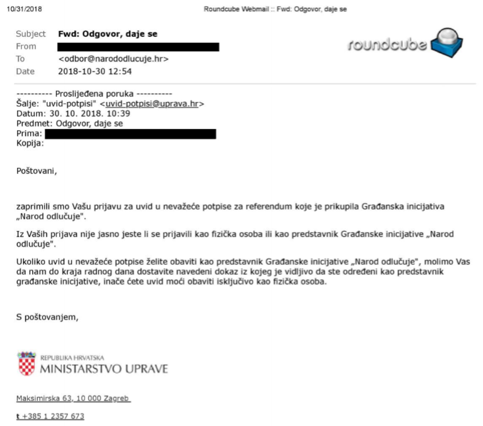 Odgovor Ministarstva