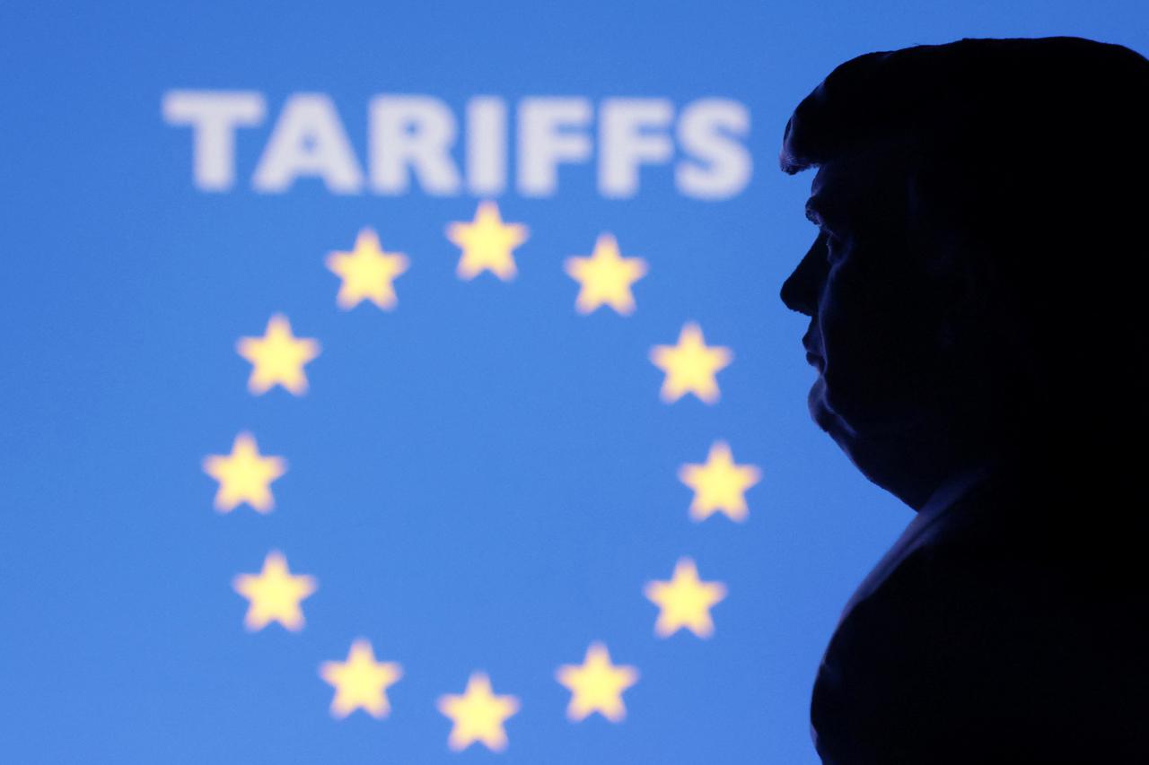 Illustration shows 3D-printed model of U.S. President Trump and EU flag pattern with word "tariffs\