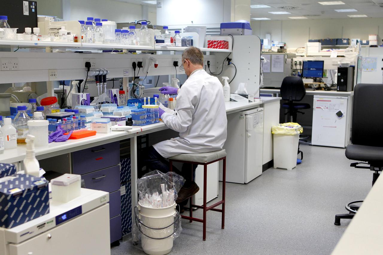 A scientist at work in a lab at MedImmune, the global bologics research and development arm of AstraZenceca, at Granta Park on the ouskirts of Cambridge. The US pharmaceutical company Pfizer is curently attempting to aquire MedImmune's parent company