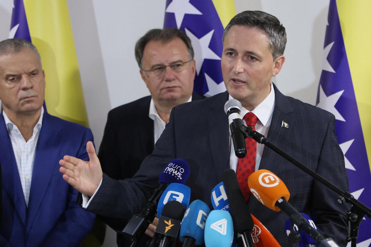 Denis Becirovic, Bosniak candidate for the tripartite Bosnian presidency, speaks during a news conference in Sarajevo