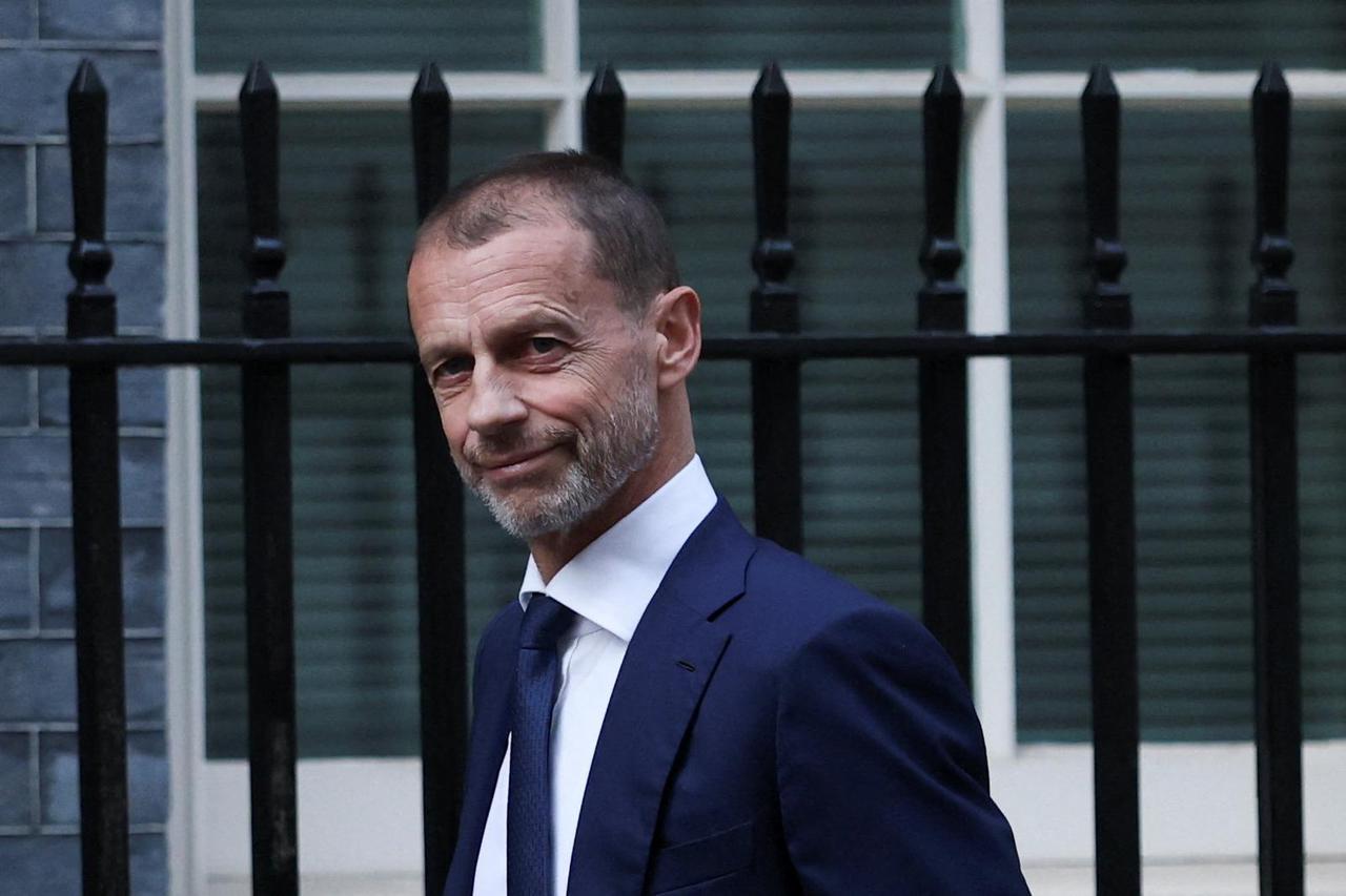 UEFA President Aleksander Ceferin arrives at 10 Downing Street for a meeting with British PM Keir Starmer, in London