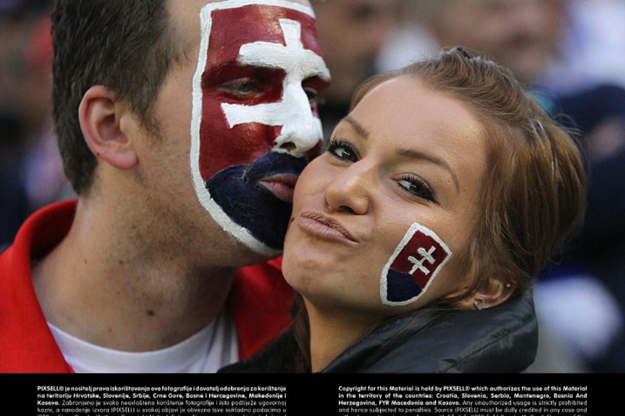 'Face painted Slovakia fans in the stands before the European Championship Qualifying match at the Aviva Stadium, Dublin, Ireland.Photo: Press Association/PIXSELL'